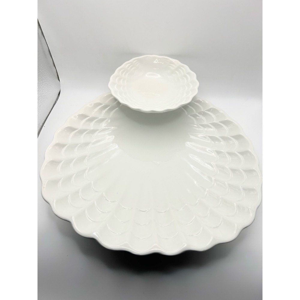 Vintage Italian Ceramic White Scalloped Shell Chip and Dip Serving Tray Italy